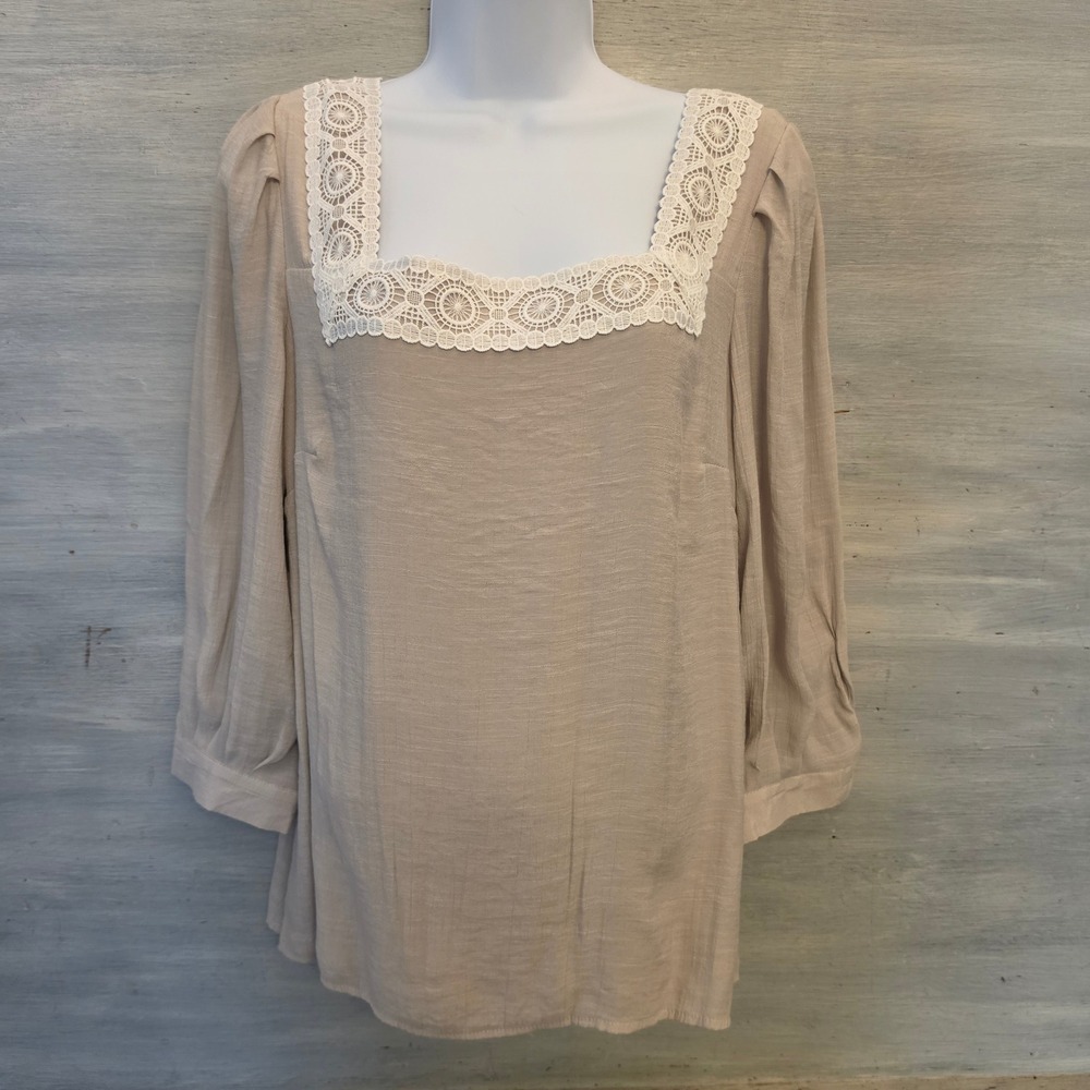 Nanette Lepore Tan Lacy Square Neck 3/4 Sleeve Peasant Blouse Size Large GC